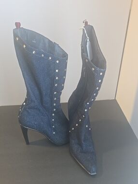 FUBU Navy Denim Studded Pointed-Toe Mid-Calf Boots